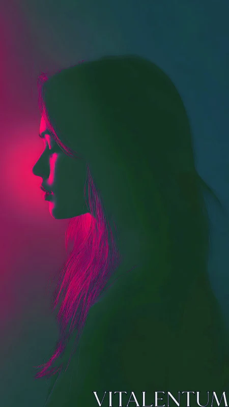 Side profile portrait glows under vivid neon pink light