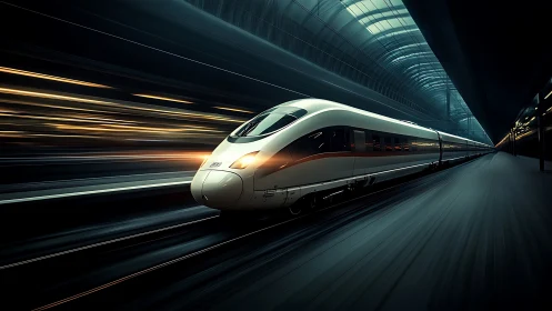 Futuristic bullet train streaking through neon terminal tunnel.