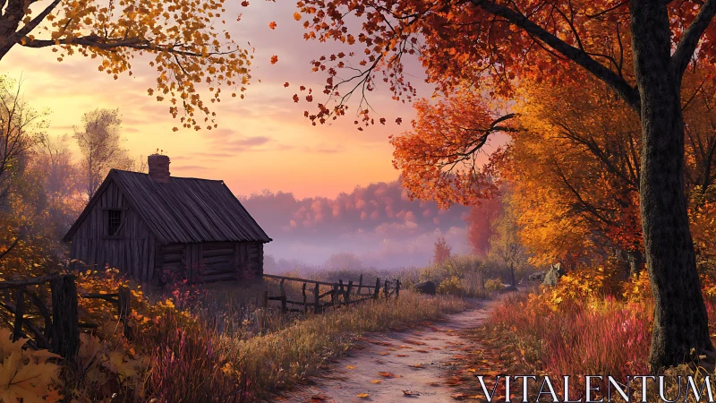 Rural cabin stands beside dirt path amid dense autumn foliage