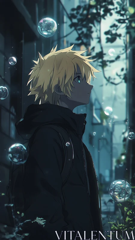 Melancholic blond teen in urban alley with suspended bubbles