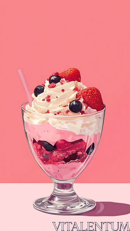 Strawberry sundae dessert glows against soft pink backdrop