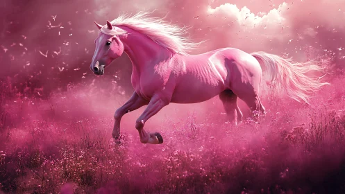 Pink stallion gallops through luminous rose mist meadow