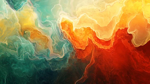 Molten waves of teal and fire collide in swirling abstraction.