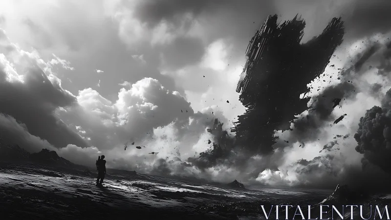 Distant figures beneath fragmented monolithic structure.