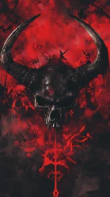 Horned skull illustration is centered over red abstract field