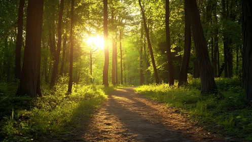 Sunlit forest path with lush greenery in tranquil morning light.