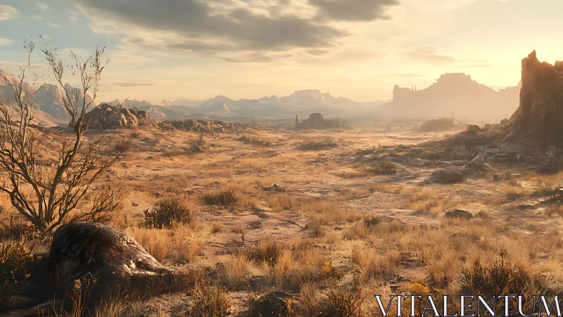 Digital desert landscape depicts arid plain at low sunset light