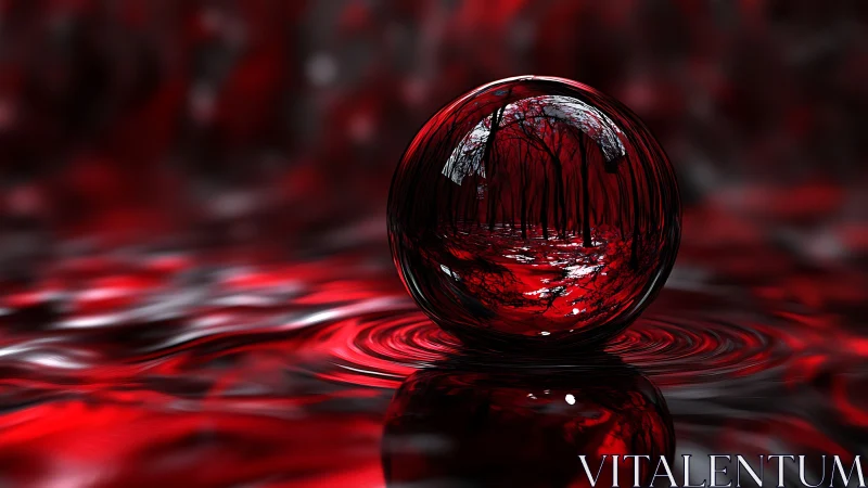 Reflective glass sphere encapsulates red forest on liquid surface