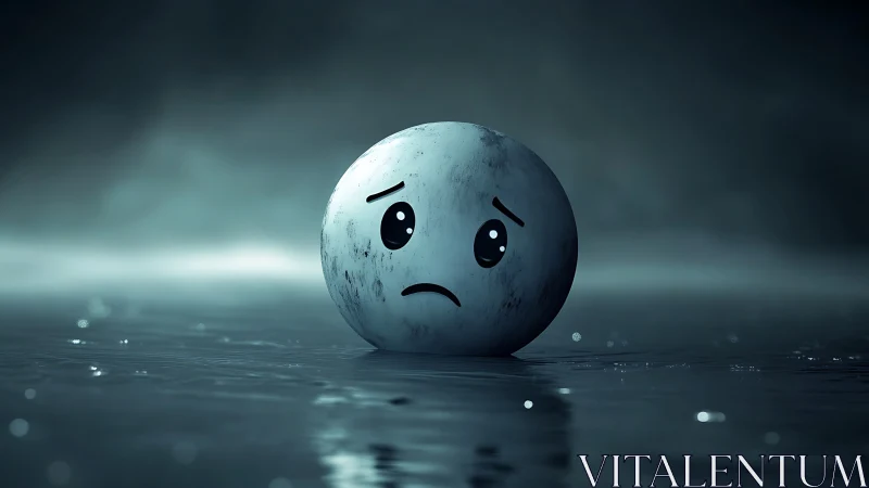 Lonely blue emoji orb marooned on a midnight shoreline.