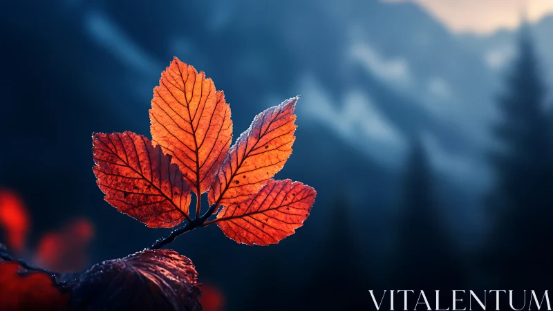 Backlit crimson leaves in shallow focus against misty forest