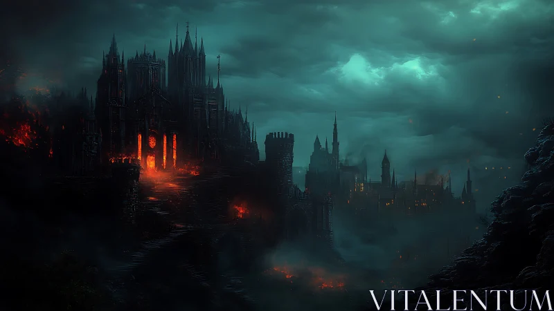 Dark gothic fortress city under storm clouds at night.