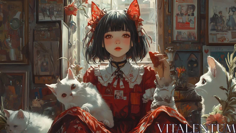 Girl in red dress sits indoors holding bread with white cats