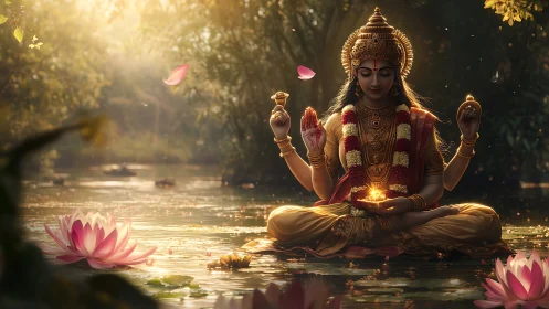 Golden goddess meditating on lotus-filled river at sunrise