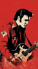 Graphic rock guitarist portrait in red monochrome stencil art
