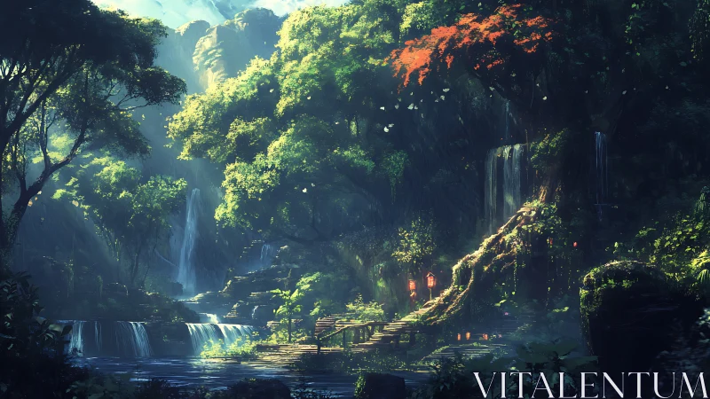 Digital fantasy landscape rendering with volumetric lighting and deep-space color grading techniques