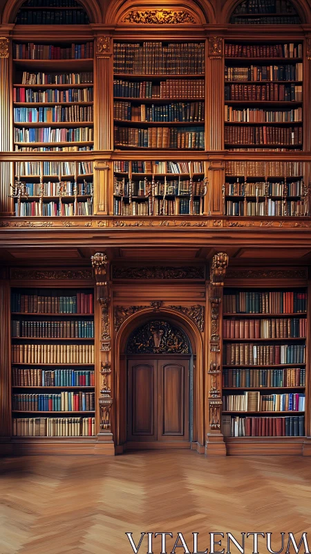 Ornate wooden library wall with arched central doorway.