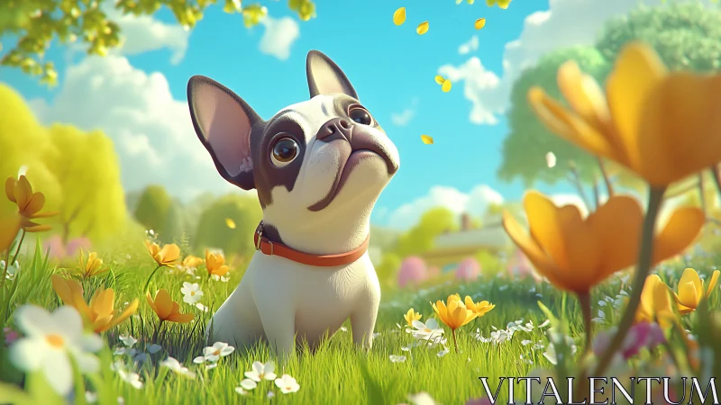 Small stylized dog sits in flowered grass under daylight
