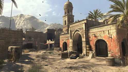 Sunbleached desert outpost guarding a crumbling red bazaar.