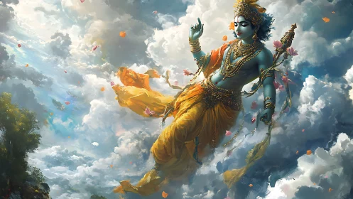Blue-skinned divine figure floating amid dense cloudscape.