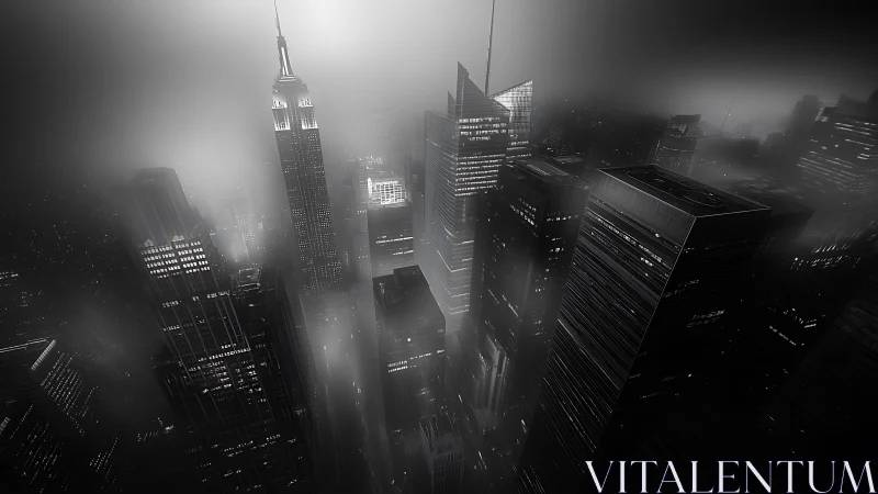 Noir aerial skyline reveals high-rise geometry in dense urban fog