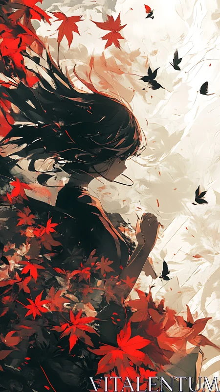 Autumn vector dynamics around silhouetted anime figure.