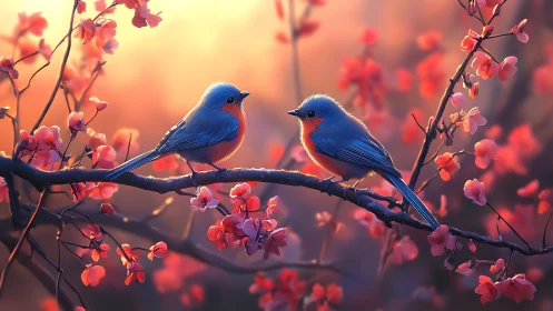 Two Colorful Birds on Blossom Branch in Dreamy Sunset Light.