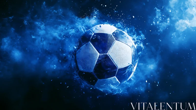 Soccer ball in blue liquid explosion on dark background.