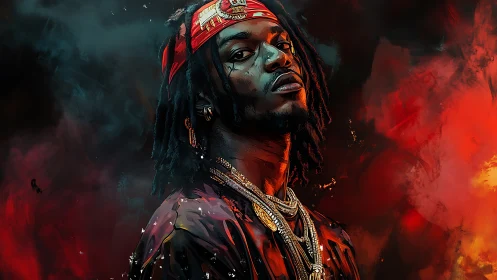 Urban portrait of man in red bandana amid fiery abstract glow.