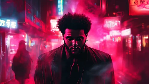 Neon-saturated urban portrait under volumetric magenta haze.