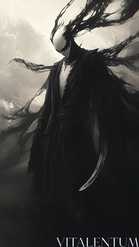 Void reaper silhouette drifts through windswept monochrome storm.