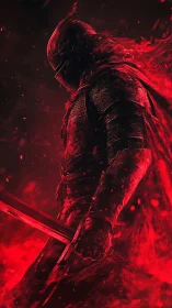 Burning armored knight stands in red infernal battlefield