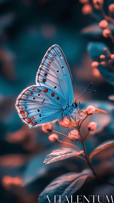 Gentle blue butterfly resting in a dreamy garden glow.