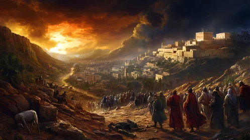 Pilgrims at the burning horizon of an ancient hill fortress.