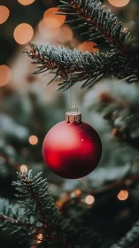 Red ornament hangs from snow-dusted evergreen branch