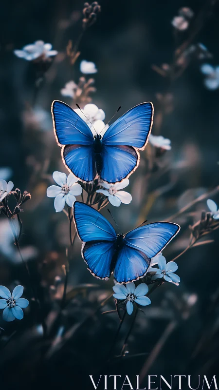 Gentle blue butterflies share a quiet moment among flowers