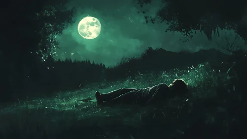 Person lies on moonlit grass clearing under dark night sky