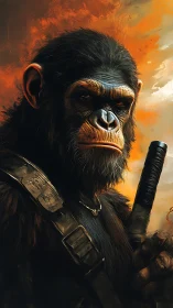 Armored chimpanzee warrior holds weapon before fiery sky