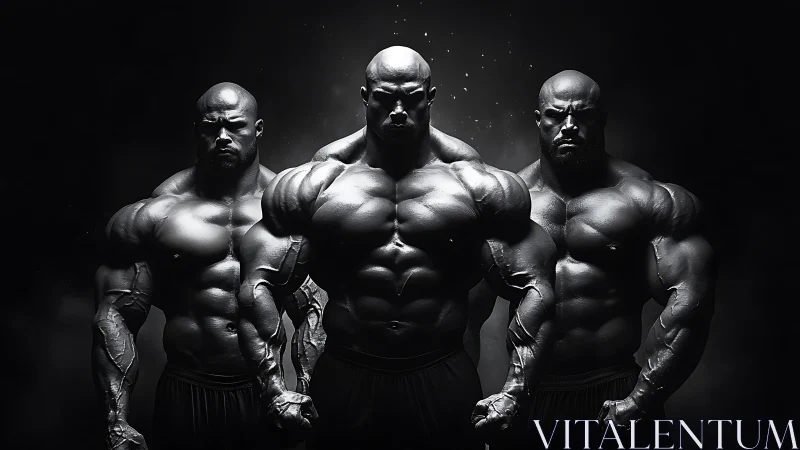 Triple muscular bodybuilders stand under dramatic studio light