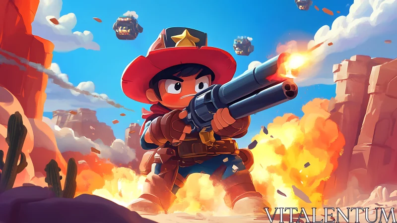 Cartoon gunslinger deploying multi-barrel shotgun in desert firefight.