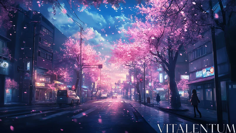 Urban street at dusk with illuminated cherry blossoms.
