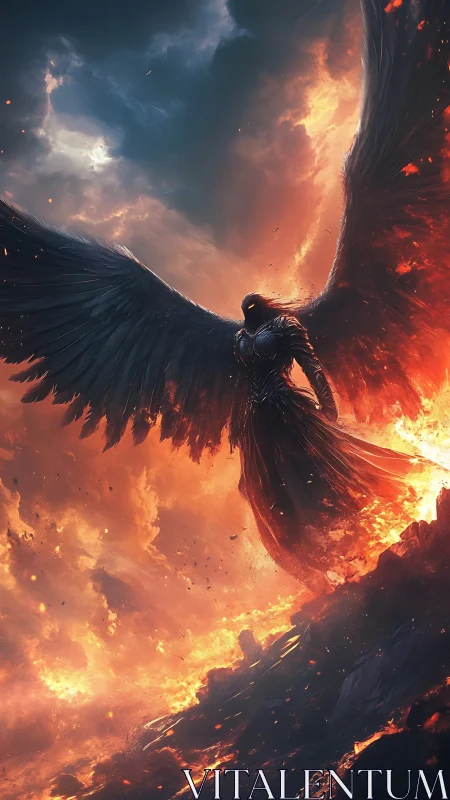 Winged sentinel rising from firelit storm clouds.