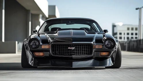 Low-slung black muscle car commands a modern urban rooftop.