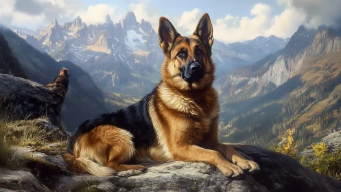 German shepherd resting on rocky ledge in vast mountains.