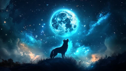 Lone wolf silhouette beneath a luminous electric-blue moon.