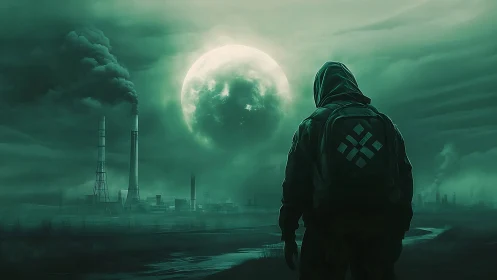 Lone drifter beneath toxic moon over haunted industrial plain.
