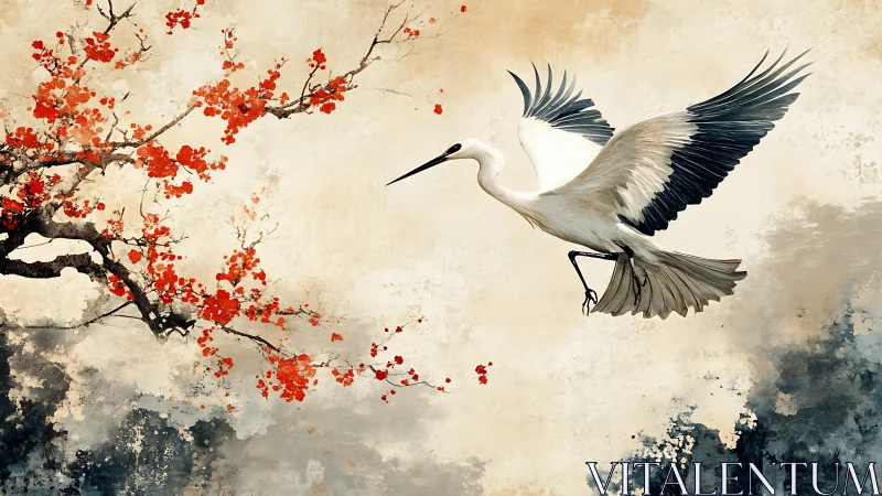Crane in Flight Above Crimson Cherry Blossoms