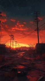 Deserted roadside glows beneath a blazing apocalyptic sunset.