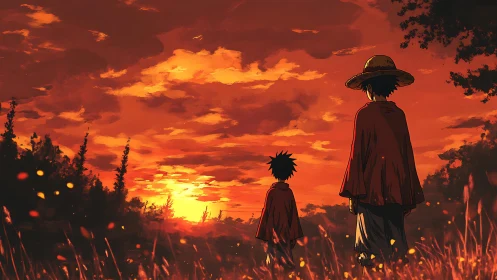 Sunset wanderers wrapped in ember skies and quiet resolve.