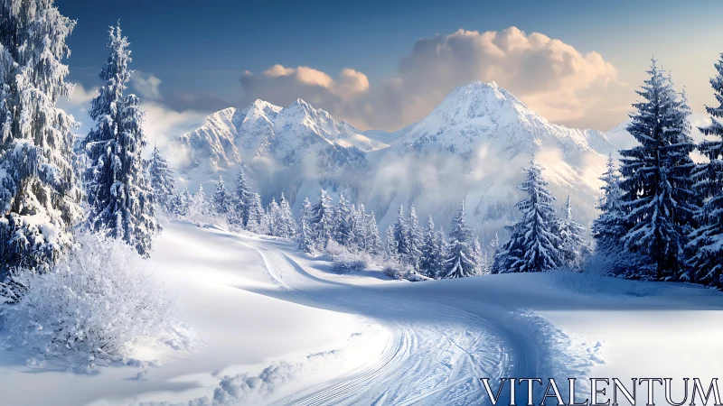 Curved alpine ski track under stratified winter atmosphere.