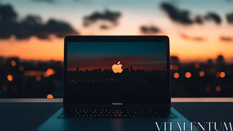 Laptop screen frames dusk skyline with luminous city bokeh